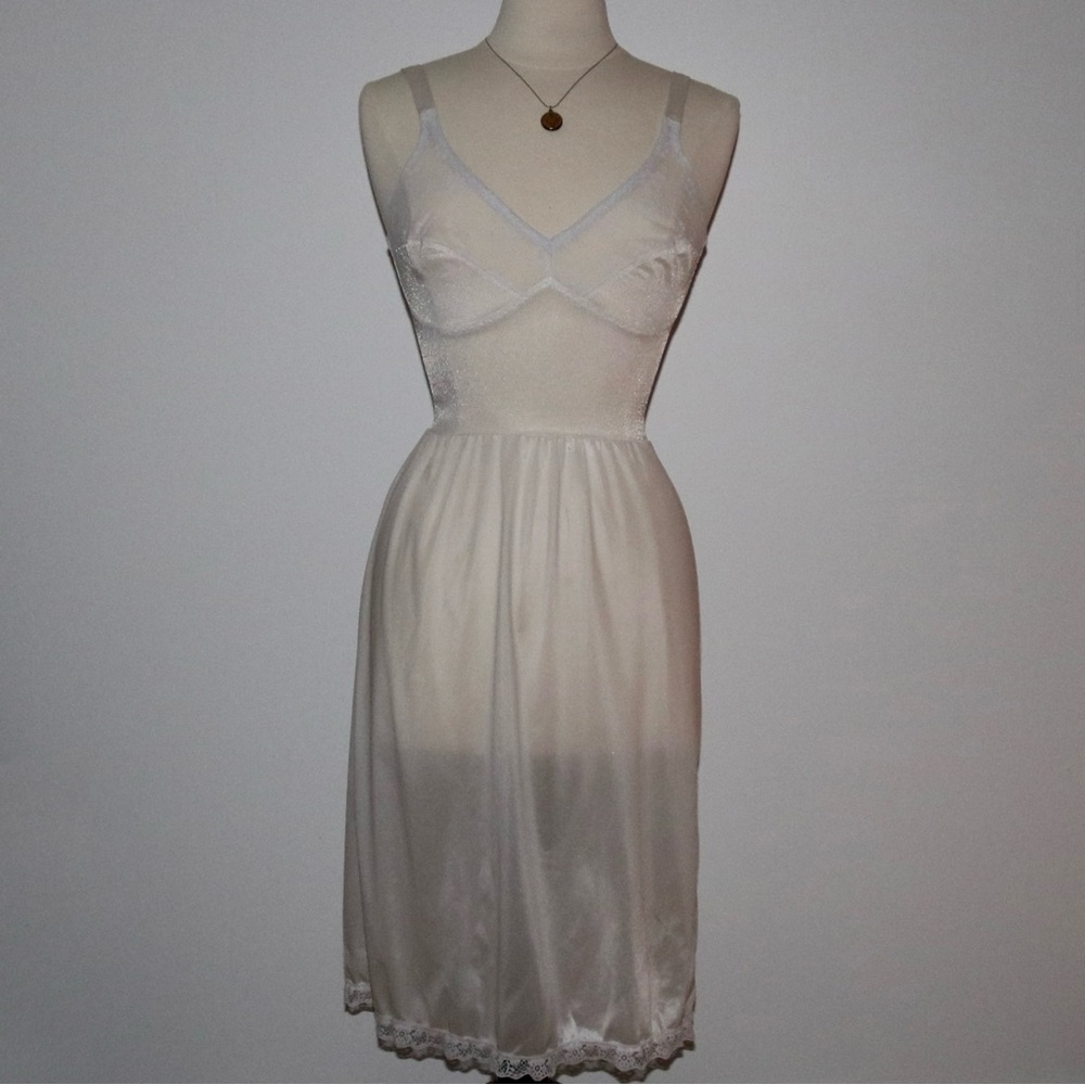 1960s vintage white midi slip dress with lace trim